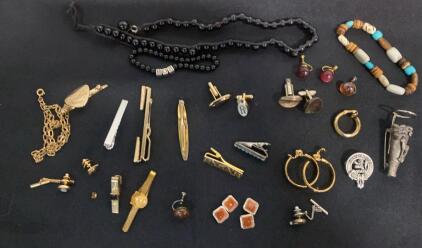 Vintage & Costume Jewelry Lot &ndash; Tie Bars, Cufflinks, Badges, Earrings, Bracelets (24 pcs)