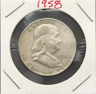 1958-D Franklin Half Dollar, 90% Silver, Denver Mint, Benjamin Franklin, Liberty Bell Design