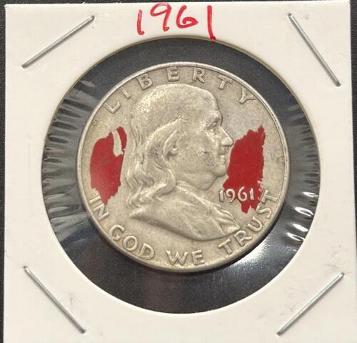 1961-D Franklin Half Dollar, 90% Silver, Circulated, Red Markings, Denver Mint
