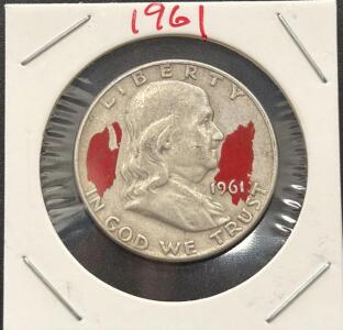 1961-D Franklin Half Dollar, 90% Silver, Circulated, Red Markings, Denver Mint