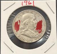 1961-D Franklin Half Dollar, 90% Silver, Circulated, Red Markings, Denver Mint
