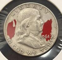 1961-D Franklin Half Dollar, 90% Silver, Circulated, Red Markings, Denver Mint - 3