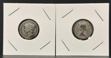 1945 Mercury Dime (90% Silver) and 1955 Canadian Dime (80% Silver), Both in Circulated Condition