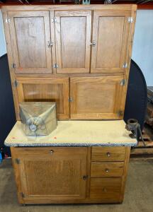 Antique Oak Hoosier-Style Kitchen Cabinet, Flour Sifter, Spice Rack, Enamel Top, Grinder