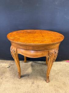 Antique Walnut Oval Side Table with Carved Cabriole Legs and Burl Wood Top