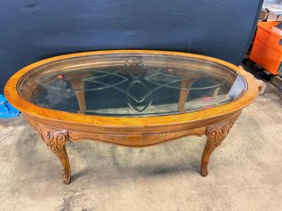Oval Glass Top Coffee Table, Carved Wood Legs, 48" x 28", Beveled Etched Glass Design