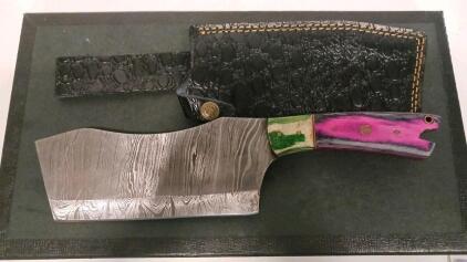 Handmade Damascus Steel Cleaver Knife, Multicolored Wood Handle, Leather Sheath, Custom Artisan