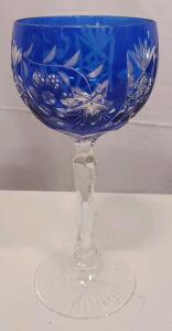 Cobalt Blue Cut-to-Clear Crystal Wine Glass Goblet, Floral and Geometric Pattern, 8" Tall, 8 oz