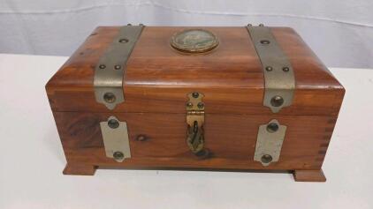 Vintage Wooden Jewelry Box with Metal Straps, Pink Lining, and Mirror