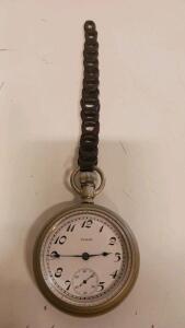 Antique Elgin Mechanical Pocket Watch, White Enamel Dial, Arabic Numerals, Metal Chain