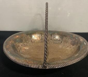 Vintage Silver-Plated Basket with Engraved Floral Design and Rope-Style Handle