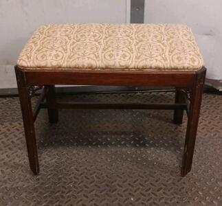Traditional Upholstered Wooden Bench, Cream/Gold Ornate Pattern, Approx. 30" x 14" x 19"
