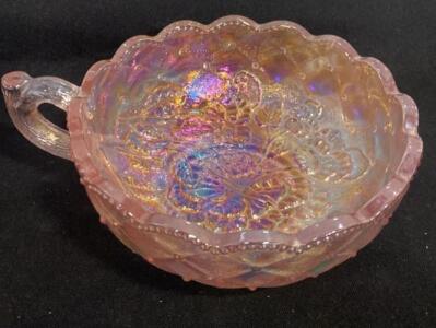Imperial Glass Pansy Pattern Marigold Iridescent Handled Bowl