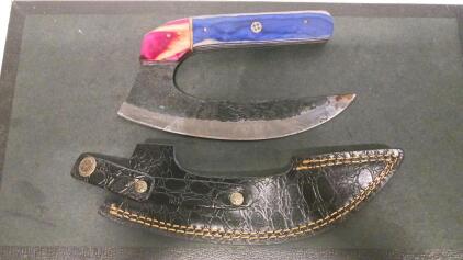 Custom Ulu Knife, Dyed Wood Handle, 6.5" Carbon Steel Blade, Leather Sheath, Mosaic Pin