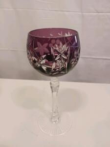 Vintage Amethyst Cut-to-Clear Crystal Wine Goblet, 8" Tall, Grape & Floral Motif