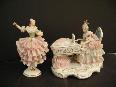 Dresden-Art Porcelain Figurines &ndash; Lady Dancer & Seated Lady at Vanity