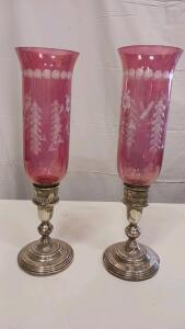 Victorian Cranberry Glass Vases Pair with Silver-Plated Bases, Etched Floral Design, 14-Inch Tall