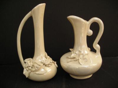 Pair of Decorative Ceramic Pitchers with Applied Floral and Fruit Motifs, 10" Tall