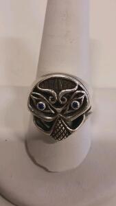 Sterling Silver Men's Ring with Owl Mask Face Design and Blue Eye Stones, Size Unknown