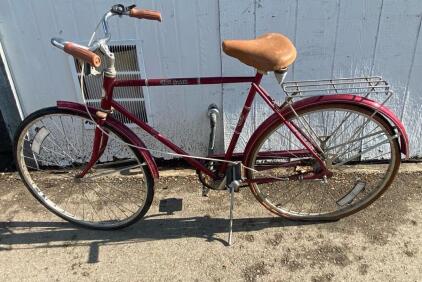 Vintage Sears Free Spirit 27" Single Speed City Bike, Steel Frame, Rear Rack, Headlamp, Burgundy