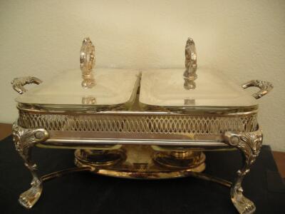Vintage Silver-Plated Dual-Compartment Chafing Dish with Glass Inserts and Ornate Lids