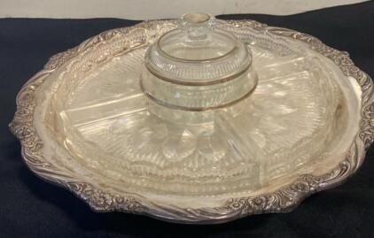 Vintage Silver-Plated Divided Relish Tray Set with Glass Inserts and Lid, Ornate Floral Design