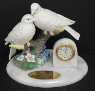 Crystal Cathedral Ministries Porcelain Dove Desk Clock with Peace Plaque, Quartz Movement, 7"x6"