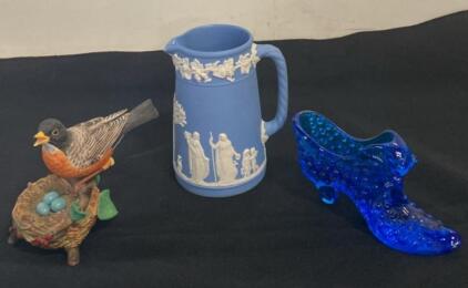 Crystal Cathedral Ministries - Bird - Jasperware-Style Blue Pitcher Classical Motif 6.5&rdquo; w/ Inscription