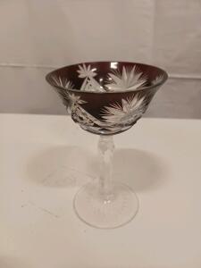 Bohemian Ruby Red Cut-to-Clear Crystal Wine Goblet, Starburst Design, 6.5" Tall, Faceted Stem