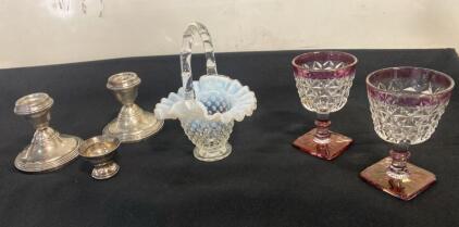 Mixed Vintage Tableware Lot: 2 Amethyst Cut Glass Goblets, Opalescent Basket, Silver Candlesticks