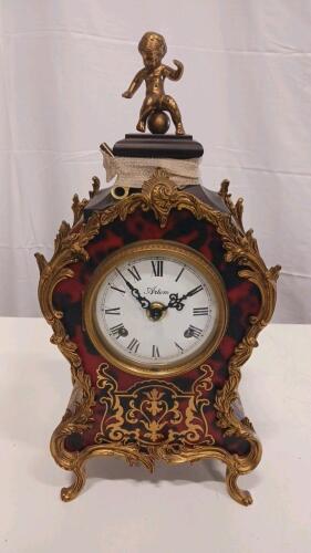 Ornate Artem Mantel Clock, Gilt Bronze Accents, Roman Numerals, Cherub Sculpture, 18" Tall
