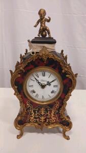 Ornate Artem Mantel Clock, Gilt Bronze Accents, Roman Numerals, Cherub Sculpture, 18" Tall