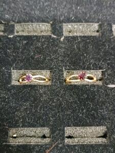 Yellow Gold-Tone Fashion Rings with Round Red and Purple-Pink Gemstones