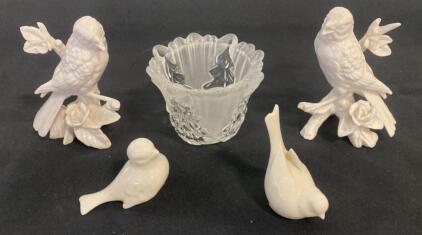 Lenox Porcelain Bird Figurine Set with Glass Bowl, Circa 1953&ndash;1988, Made in U.S.A.