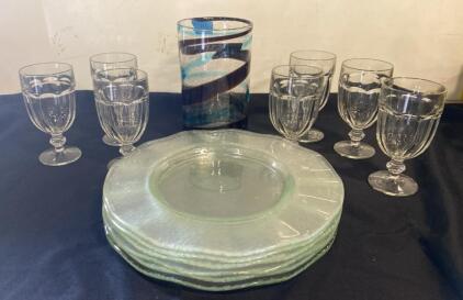 13-Piece Clear Glass Dinnerware Set &ndash; 6 Goblets, 6 Textured Plates, Artisan Swirl Vase
