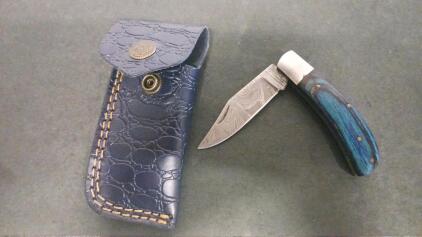 Folding Pocket Knife with Blue Wood Handle and Damascus Steel Blade, Includes Leather Sheath