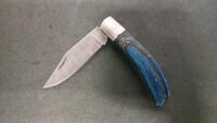 Folding Pocket Knife with Blue Wood Handle and Damascus Steel Blade, Includes Leather Sheath - 2