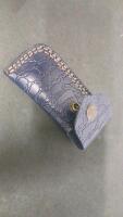 Folding Pocket Knife with Blue Wood Handle and Damascus Steel Blade, Includes Leather Sheath - 3