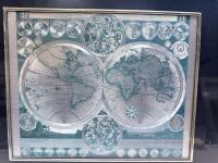 Framed Adam Friedrich Z&uuml;rner Double-Hemisphere World Map, Latin Text, Celestial Insets, 28x22" Sp-18 - 2