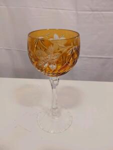 Amber Cut-to-Clear Crystal Wine Glass with Floral Motif and Faceted Stem