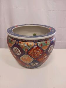Imari Style Porcelain Fish Bowl Jardiniere, 20" Diameter, Koi Motif, Blue/Gold Decoration