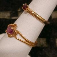 Pair of Gold Rings with Red Gemstones (Ruby), Prong Setting, Traditional Design, Size Estimate 6-7 US - 2