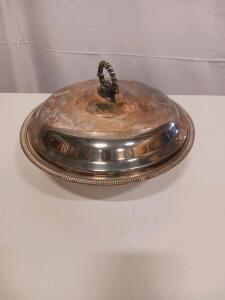 Vintage Silver-Plated Covered Serving Dish with Glass Insert, Beaded Edge, 11", Ornate Handle