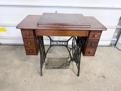 Antique Singer Treadle Sewing Machine Table, 6 Drawers, Wood & Cast Iron Base, Early 20th Century