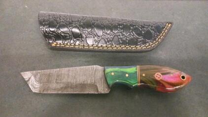 Custom Damascus Tanto Knife, 8" Full Tang, Multicolor Resin Handle, Leather Sheath
