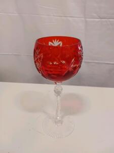 Red Cut to Clear Crystal Wine Glass Goblet, Floral Starburst, Bohemian Style, 8-9" Tall, Clear Stem