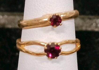 Double Band Gold Tone Ring with Two Ruby Stones, Prong Setting, Size Unknown