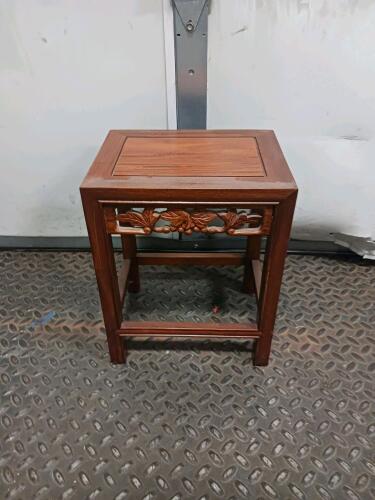 Hand-Carved Asian-Style Solid Wood Accent Table with Floral Apron, 12x12x18 Inches