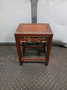 Hand-Carved Asian-Style Solid Wood Accent Table with Floral Apron, 12x12x18 Inches