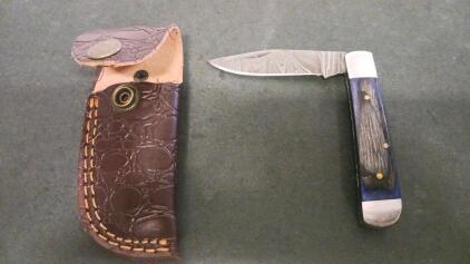 Folding Damascus Steel Pocket Knife with Blue/Black Wood Handle and Leather Sheath